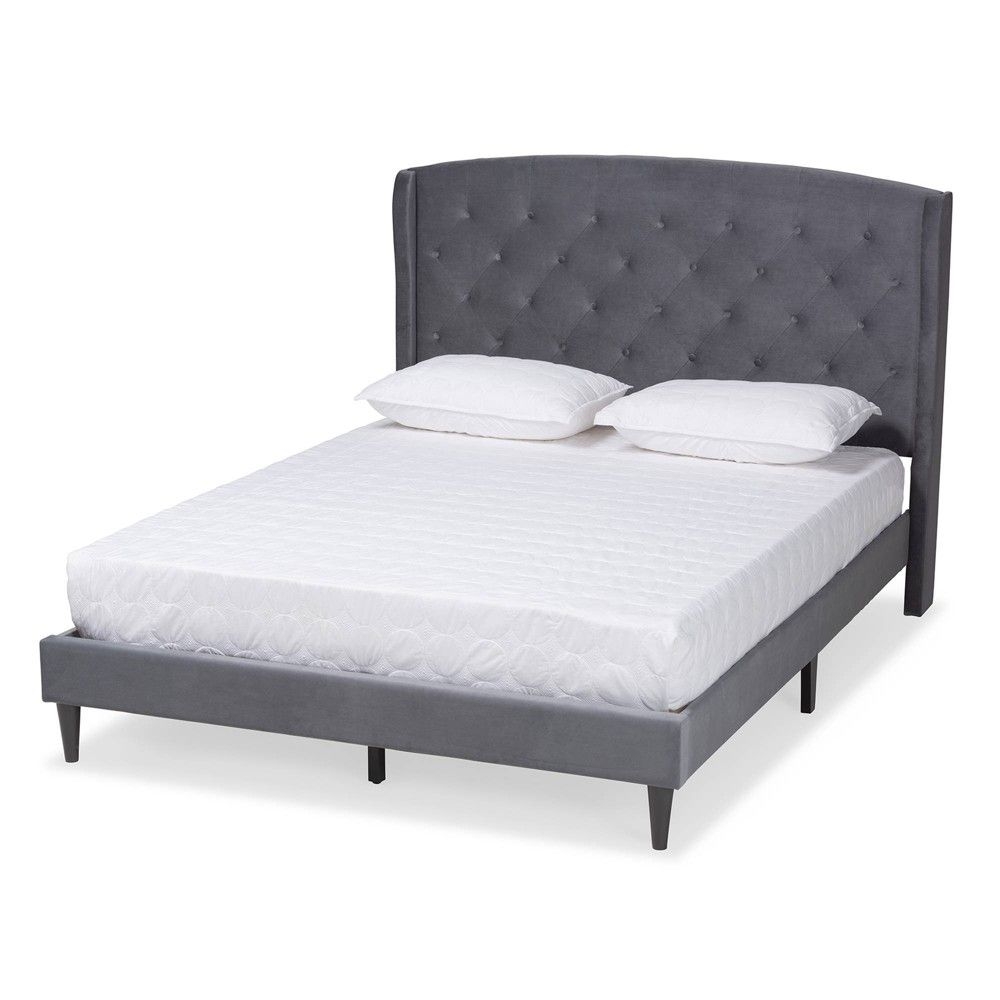 King Joanna Velvet Fabric Upholstered and Wood Platform Bed Gray/Dark Brown - Baxton Studio