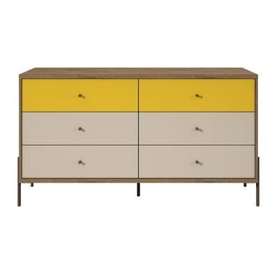 Manhattan Comfort Joy 59 in. Wide 6-Drawer Yellow and Off-White Double Dresser, Yellow/ Off White/ and Oak