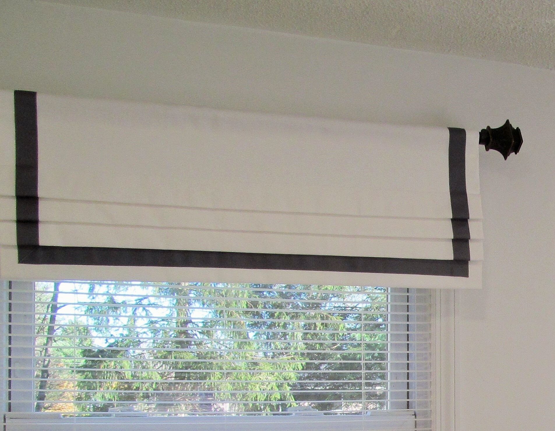 Modern Banded Faux Roman Shades/ Fake Roman Shade/ White and  Pewter Gray  Grosgrain  Ribbon Trim/ Custom Sizing Available! #340