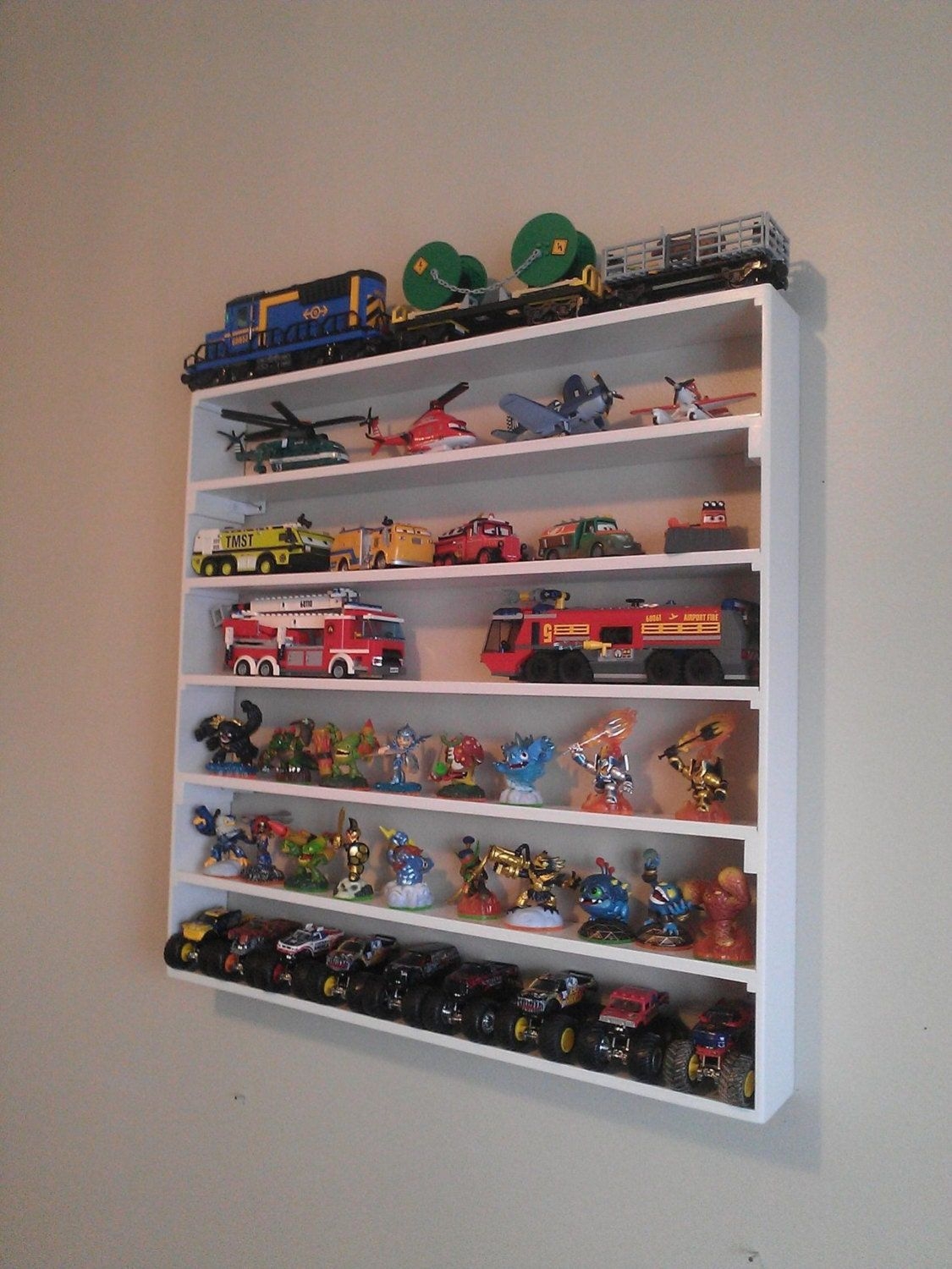 Planes Fire and Rescue, Hot Wheels, Cars, Monster Trucks, Legos, wall display rack, boy room decor, storage at home - White Paint Finish