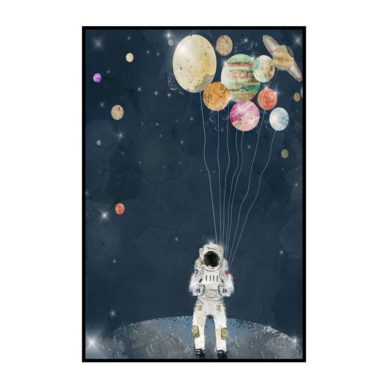 Science Fiction Canvas Print Childrens Art Cool Astronaut Wall Decor in Dark Color - Blue / 20 x 28