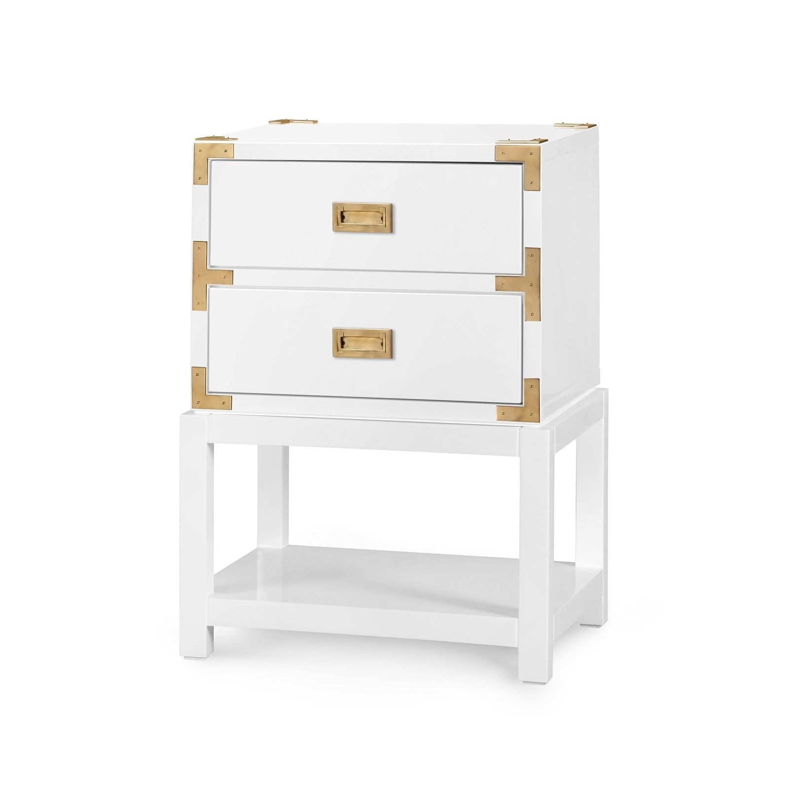 Tansu Two Drawer Side Table White - High Gloss Lacquered Wood; Brass Handle and Gold Accents; Stained Drawer Interiors; Full Extension Glides; 1 Fixed ShelfLacquered Wood; Brass Handle and Gold Accents; Stained Drawer In