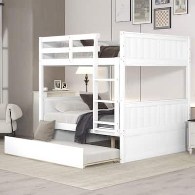 URTR White Full Over Full Bunk Bed for Kids Teens, Detachable Wood Full Bunk Bed Frame with Twin Size Trundle