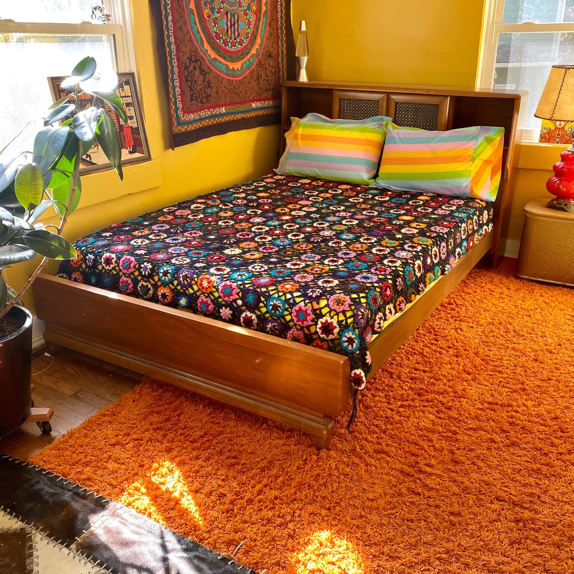 Vintage 1970s Flower Power Afghan Blanket Bedspread 85 by 95 inches Colorful Floral Bohemian Bedding Hippie Retro Groovy