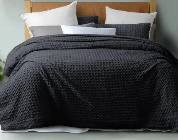 Waffle Duvet Cover in Black Color Set, Cotton Bedding with Pillowcase, Minimalist Bedding Set, Comforter Cotton Duvet Cover Twin Full Queen