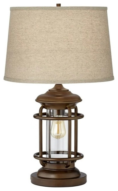 Industrial Table Lamp, Metal Frame With LED Edison Style Bulb & Fabric Shade