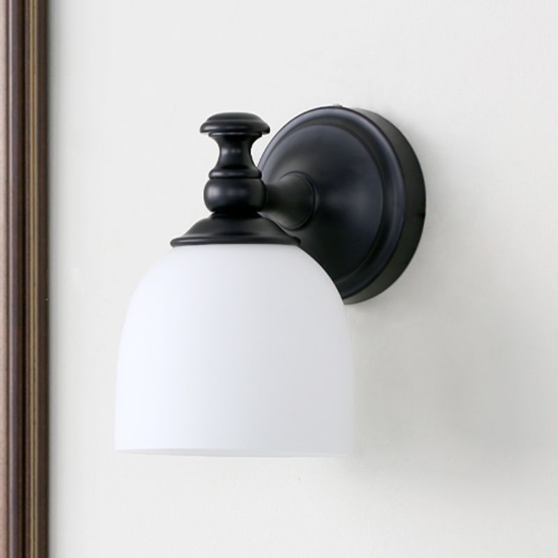 1 Head White Glass Wall Sconce Light Classic Style Black Domed Shade Living Room Wall Lighting - Black