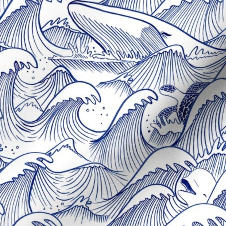 100% Cotton Fabric Swatch - Oceans Hand Drawn Wave Whale Turtle Lines Aquatic Custom Printed Fabric by Spoonflower