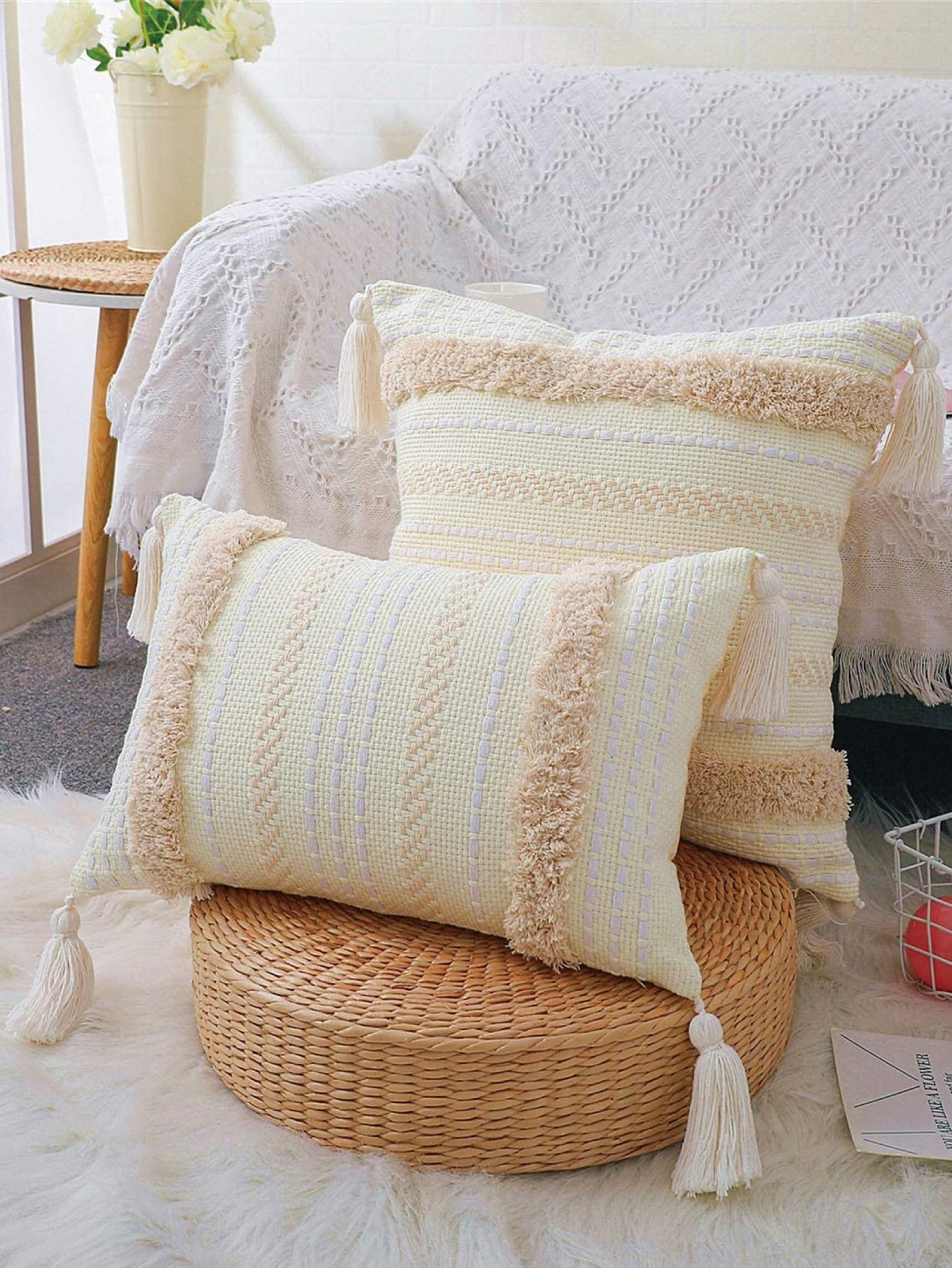 1pc Tufted Woven Cushion Cover Without Filler, Modern Fabric Tassel Decor Pillow Cover For Home Decor