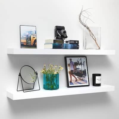 36 in. W x 6.5 in. D Rustic Farmhouse Decorative Wall Shelf - Bathroom Wooden Shelves for Wall Mounted - Set of 2, White