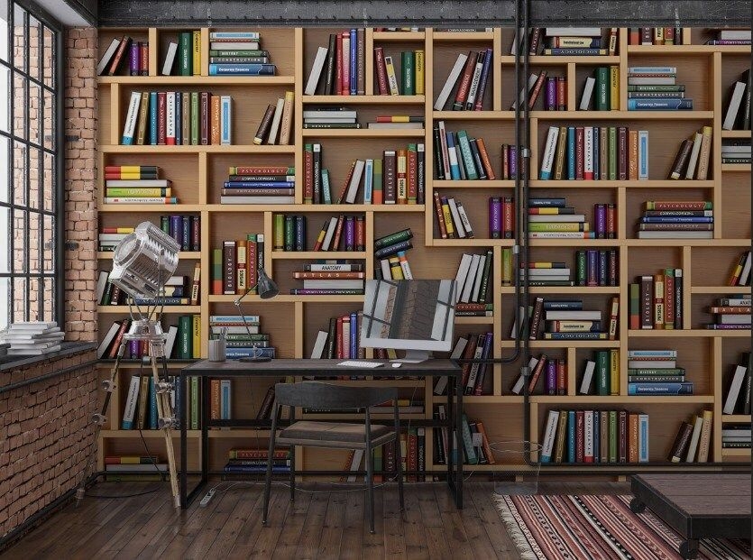 3d bookshelf and books wood wallpaper  / peel and stick wallpaper vinyl wallpaper wallpaper room