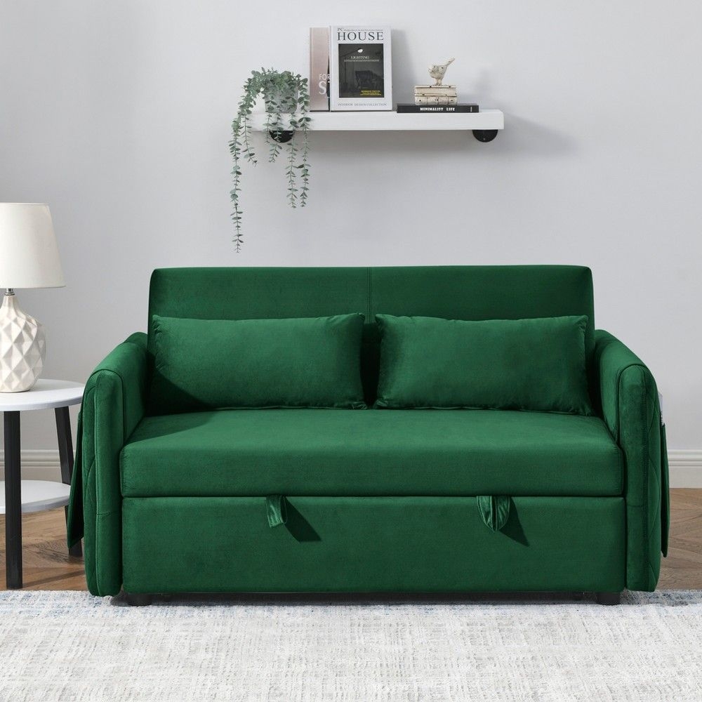 55" Pull Out Sleeper Sofa Bed, Velvet Upholstered Loveseat Sofa with Adjustable Backrest and Pillows, Green-ModernLuxe