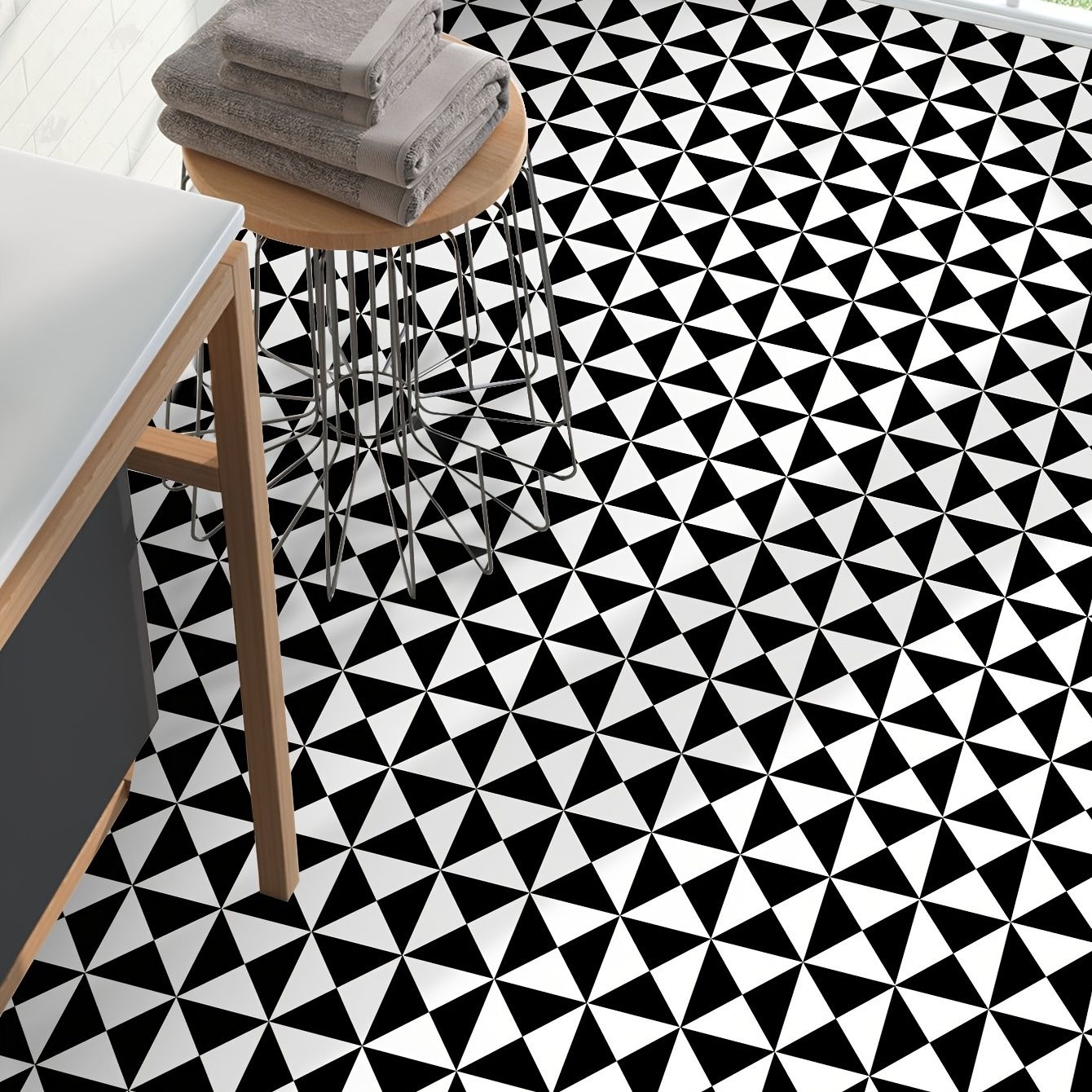 9pcs, Black And White Geometric Floor Tile Sticker, 8*8", Thick Waterproof Vinyl Matte Floor Sticker, Easy To Paste, Removable Pvc Floor Mosaic Sticker For Home Living Room Kitchen Bathroom Kitchen, Home Decor