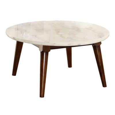 Acme Furniture Gasha 36 in. White Marble Top and Walnut Round Faux Marble Coffee Table, White Marble Top & Walnut