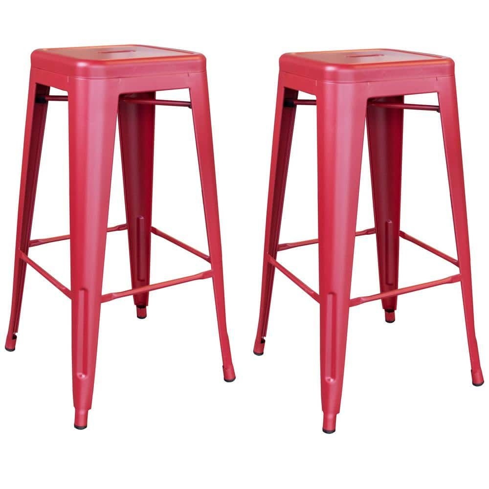 AmeriHome 30 in. Red Metal, Backless, Zinc Plated, Outdoor Use Bar Stool (Set of 2), Red/Red