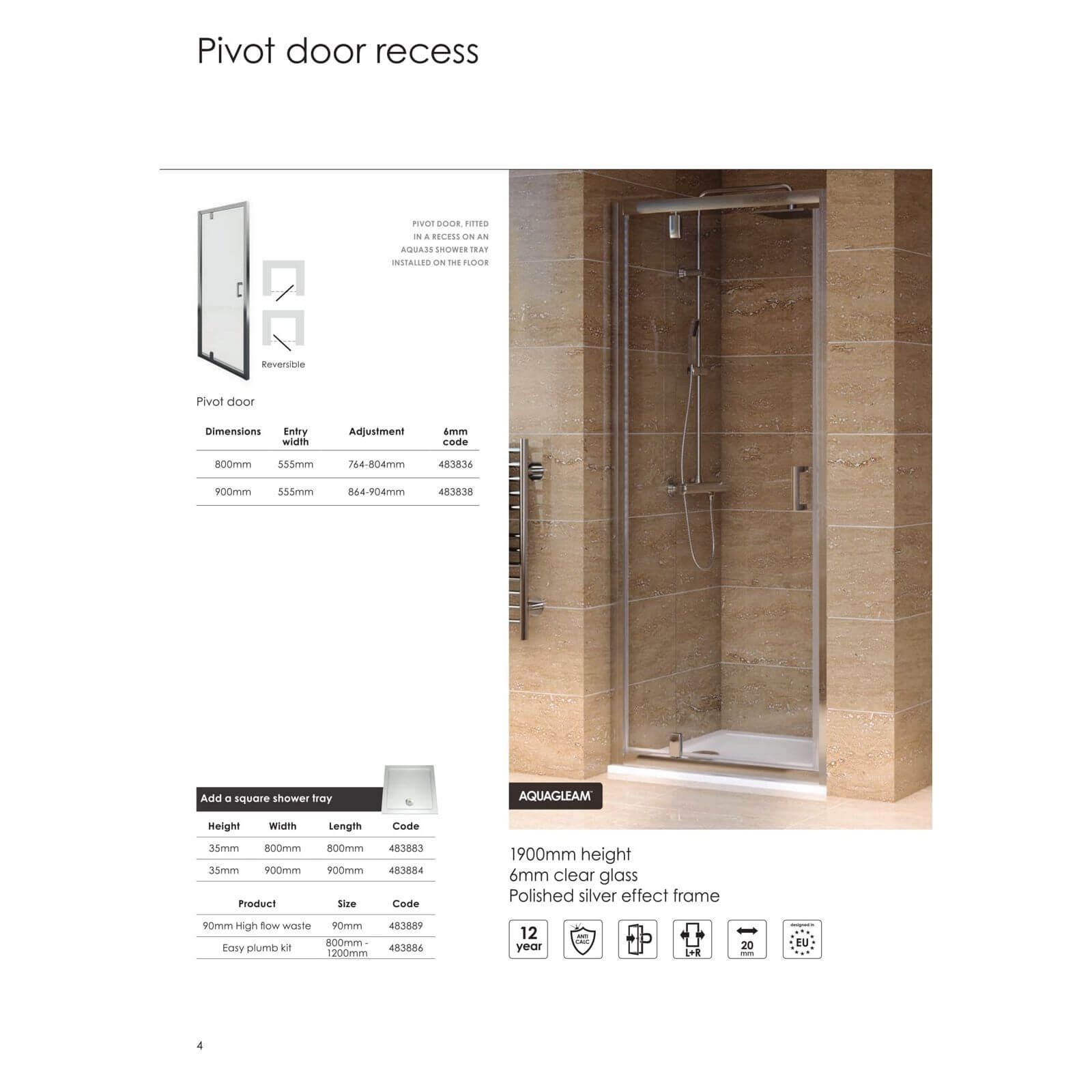 Aqualux Pivot Shower Door - 1900mm x 800mm Silver