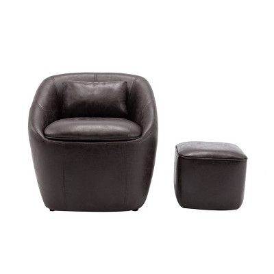 Barrel Chair with Pillow, Storage Seat and Ottoman Distressed Black Faux Leather - WOVENBYRD