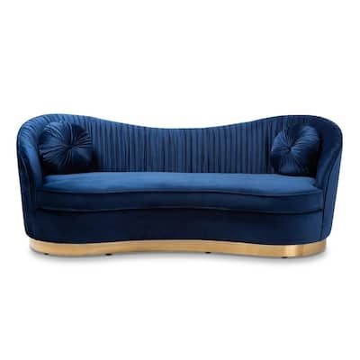 Baxton Studio Nevena 84.7 in. Royal Blue/Gold Velvet 3-Seater Camelback Sofa with Gold Base, Royal Blue and Gold