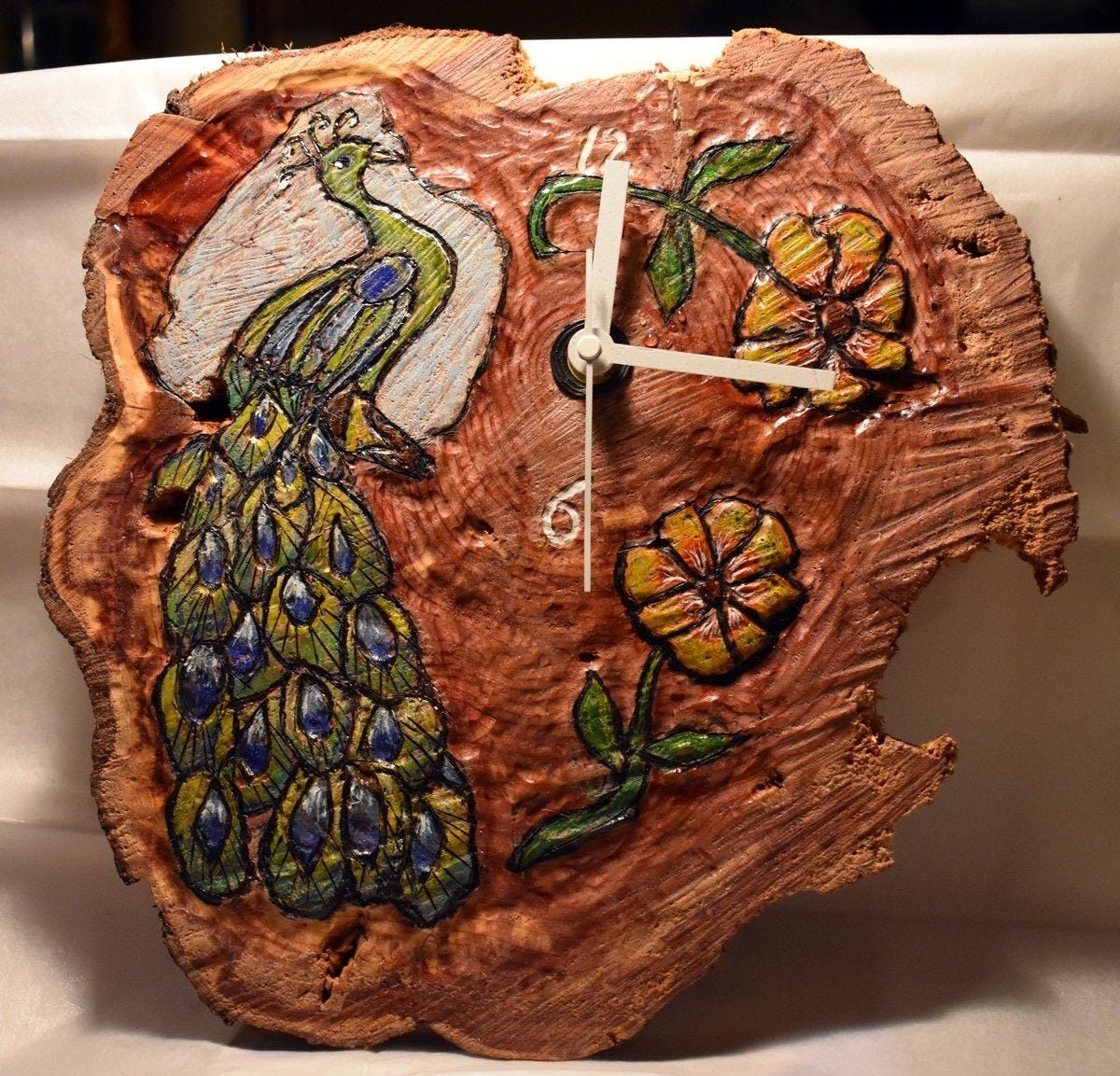 Beautiful peacock clock - wood carved, burned and painted.  OOAK wall clock, decorative wall art, handcrafted, red cedar wood