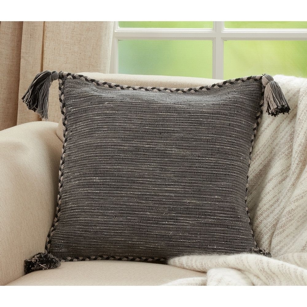 Braided Border Throw Pillow With Tassel Design (Cover Only - Blue-Grey), Gray, Saro Lifestyle(Cotton)