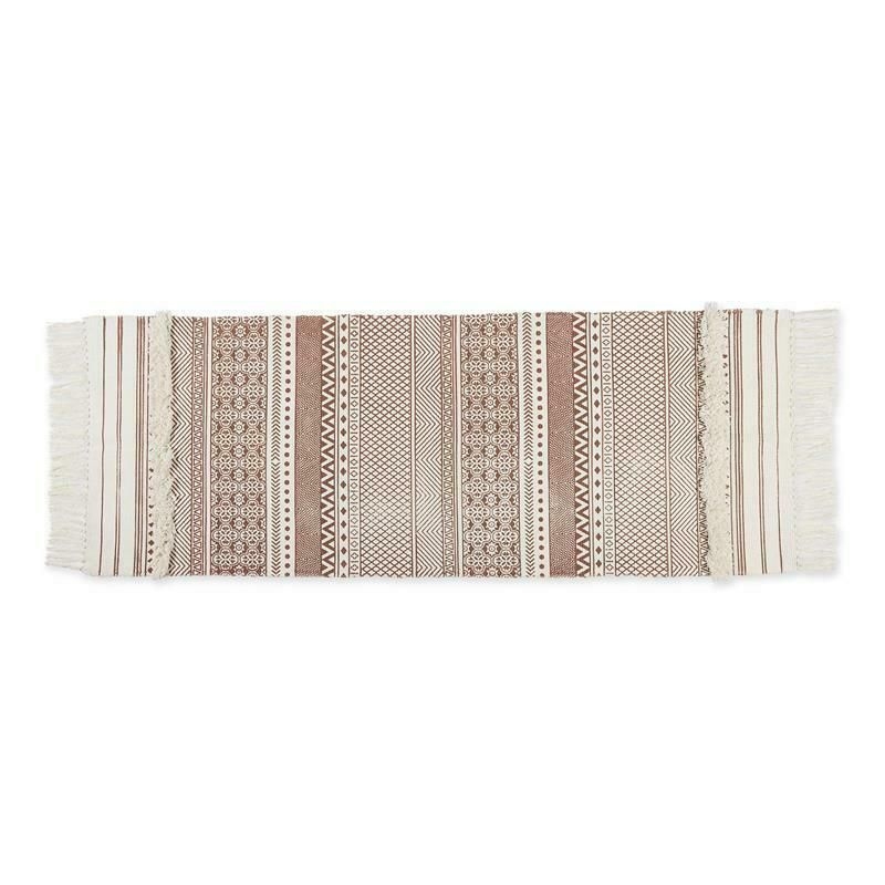 Brown Cinnamon Printed Off-white Hand-loomed Cotton Shag Rug Runner 2.3 X 6 Ft