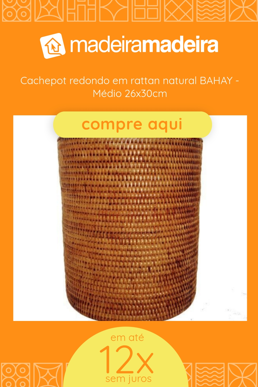 Cachepot redondo em rattan natural BAHAY - Mdio 26x30cm