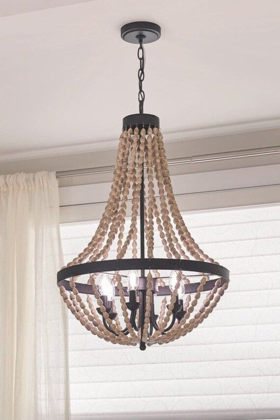 Coastal Seaside Collection Anvil Iron Empire Design Large 6 Light Driftwood tone Wood beaded Rustic finish pendant chandelier plugin option