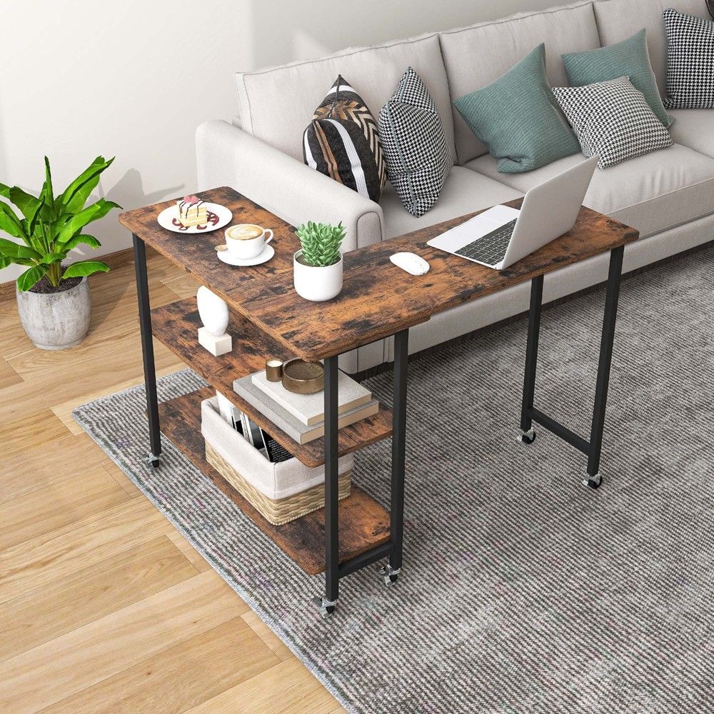 Costway 360 Rotatable Sofa Side Table L-shaped Laptop Desk Snack Table w/ 2-Tier Shelf