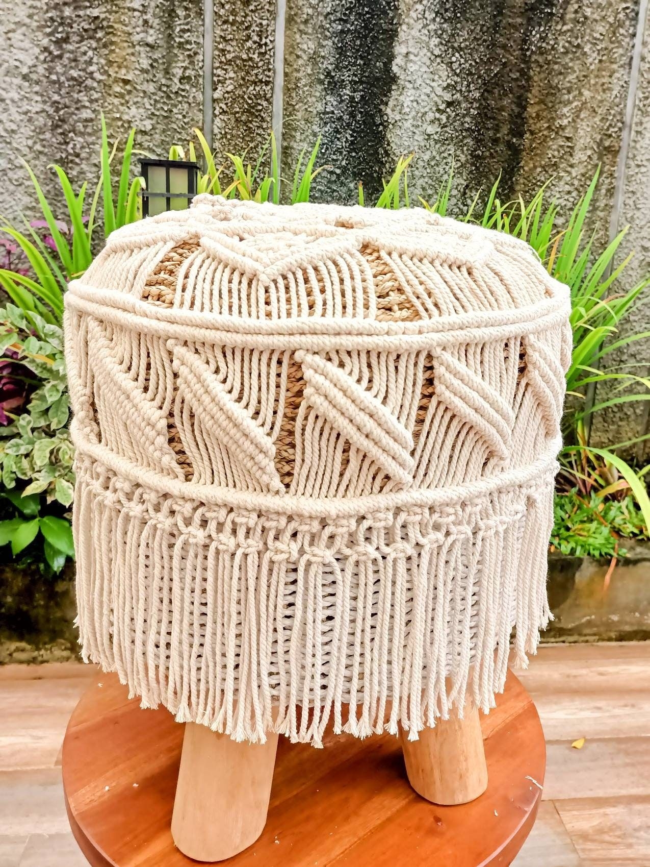 Custom macrame stool cover, natural boho decoration, white stool, bench cover chair attribute