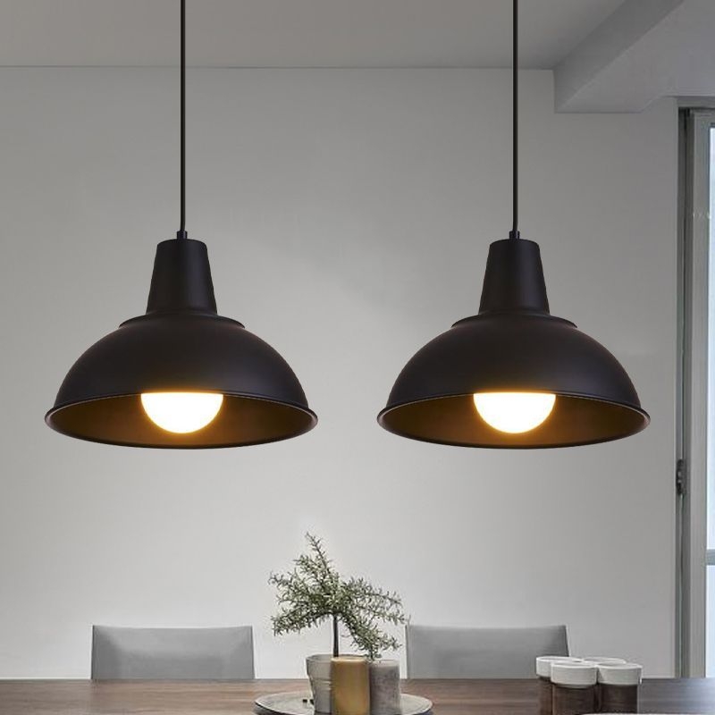 Dome Iron Hanging Light Kit Vintage 12/16 Wide 1 Light Restaurant Suspension Pendant in White/Black - Black / 12
