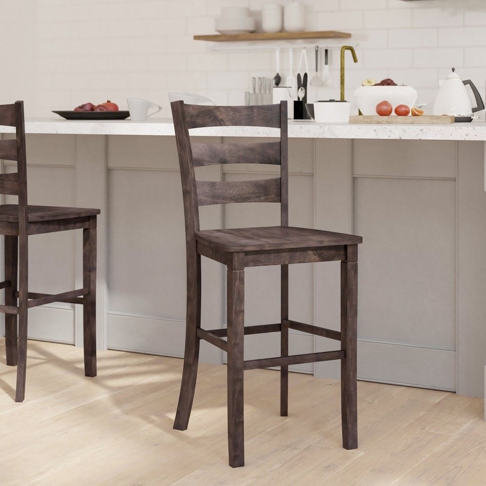 Emma and Oliver Classic Wood Bar Height Dining Stool in Gray Wash with Walnut Finished Seat and Ladderback Design