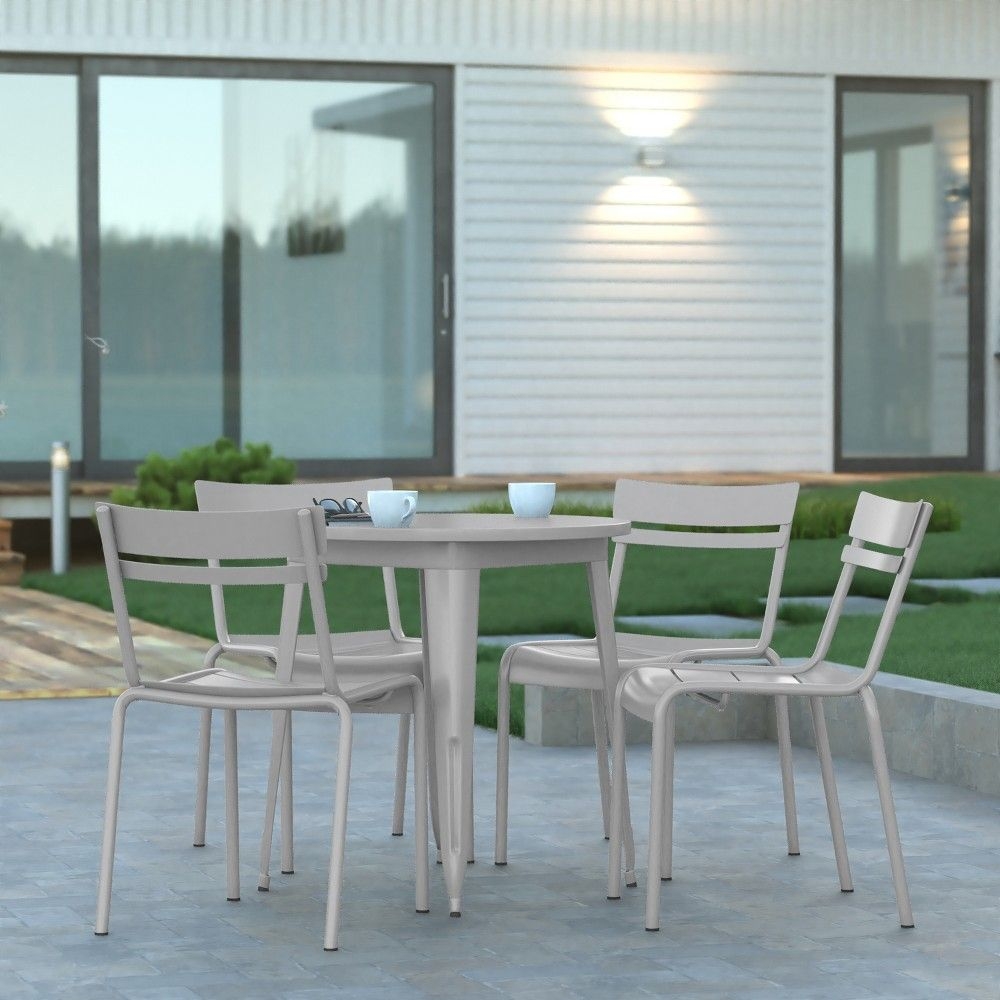 Emma and Oliver Set of 4 Armless Powder Coated Steel Stacking Dining Chairs with 2 Slat Backs for Indoor-Outdoor Use in Silver