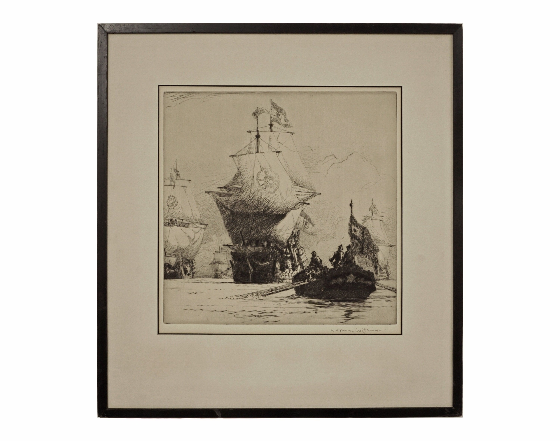 English Maritime Etching Norman Wilkinson Return State Fleet Pencil Signed Framed - circa 1924, England