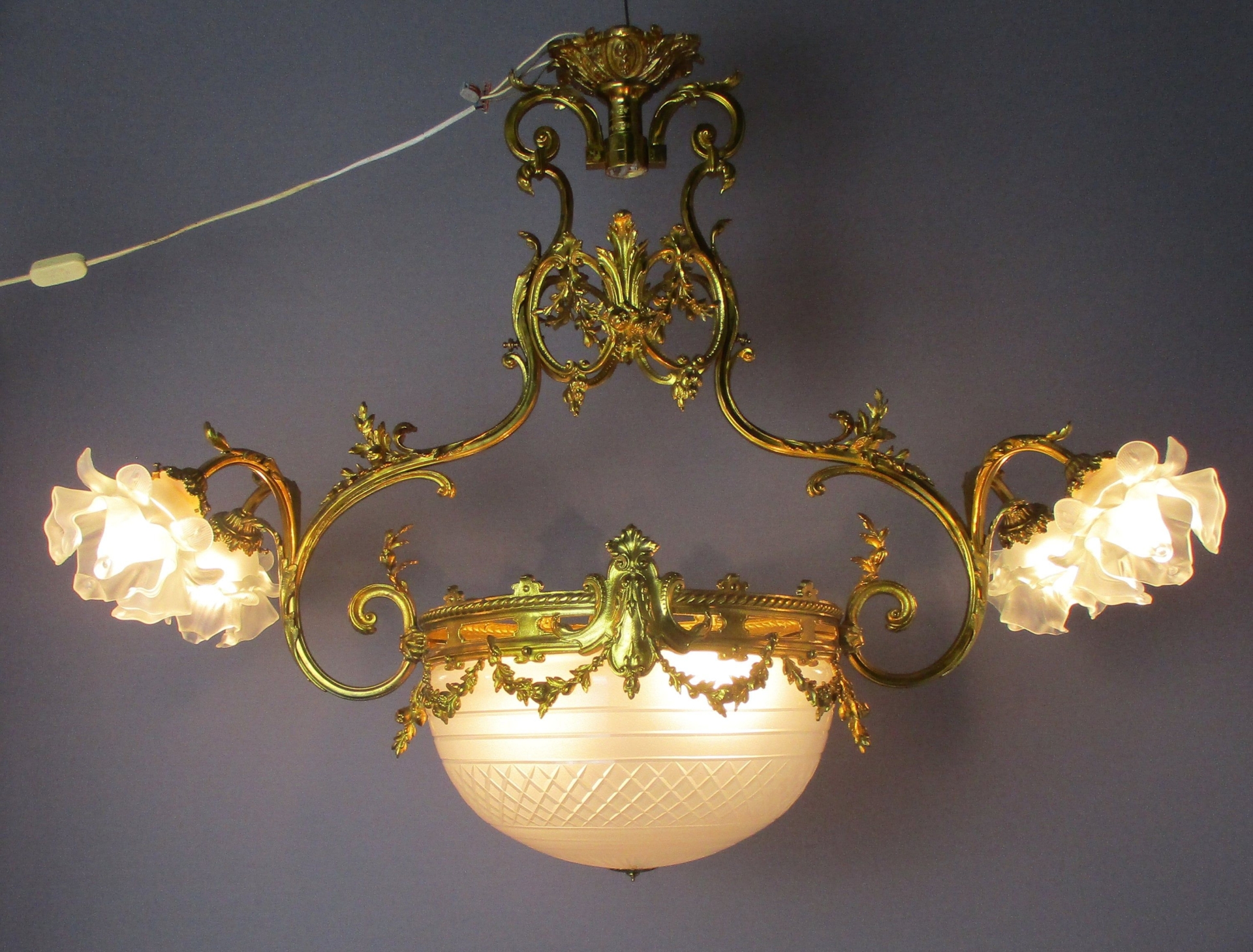 French Chandelier Bronze Dor 6 lights Lamps Art Glass Flower Shades Gorgeous