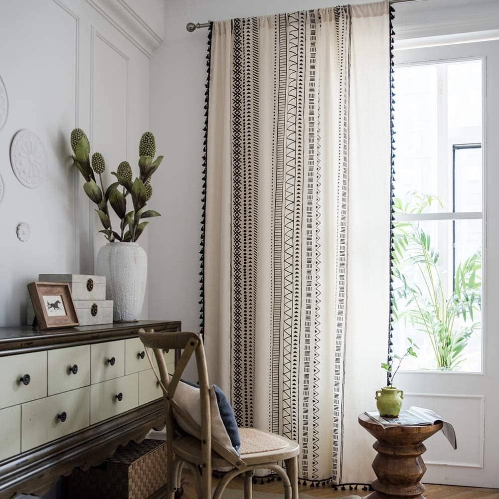 Geometric Bohemian Style Cotton Linen Cream Curtains with Tassels - Grommet Top / 2P(50W 108L) / White Lining