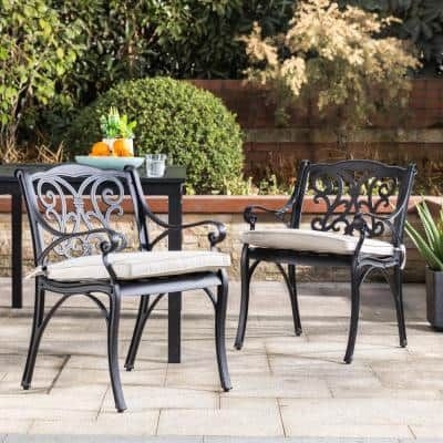 Glitzhome 2-Piece Cast Aluminum Outdoor Dining Chairs Set with Beige Cushions, Olefin Fabric