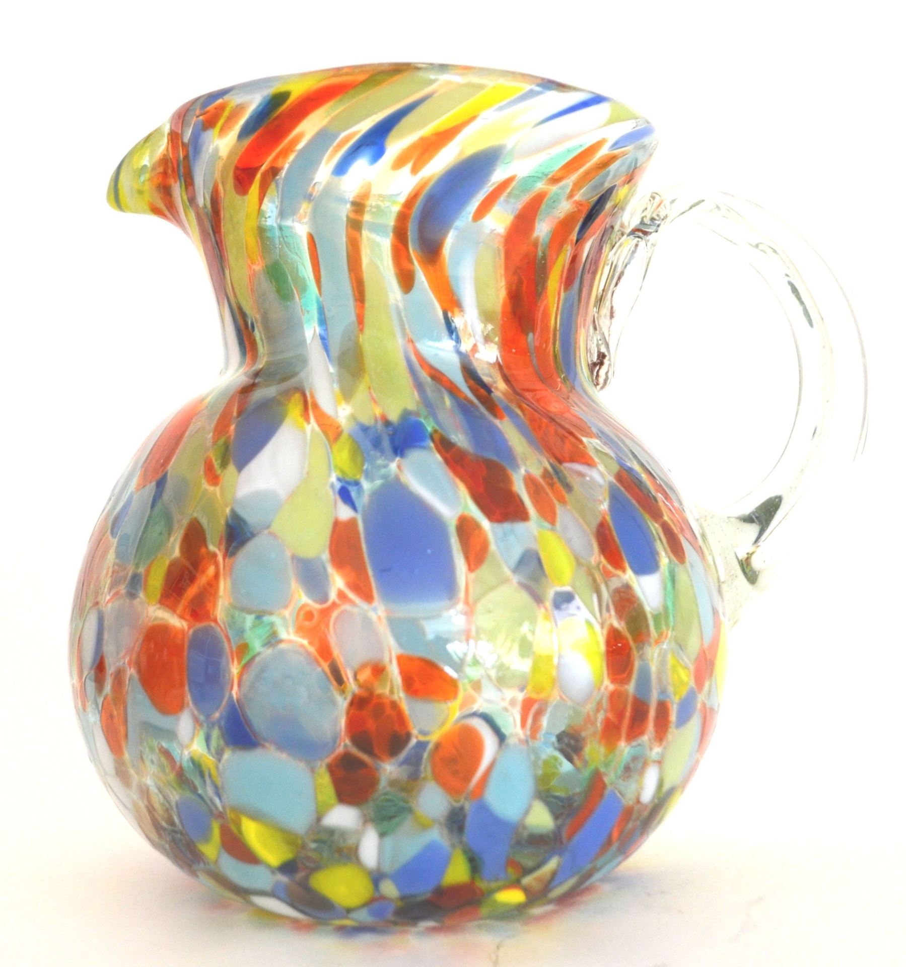 Hand blown small glass pitcher with multicolor sparks balloon shape 32oz