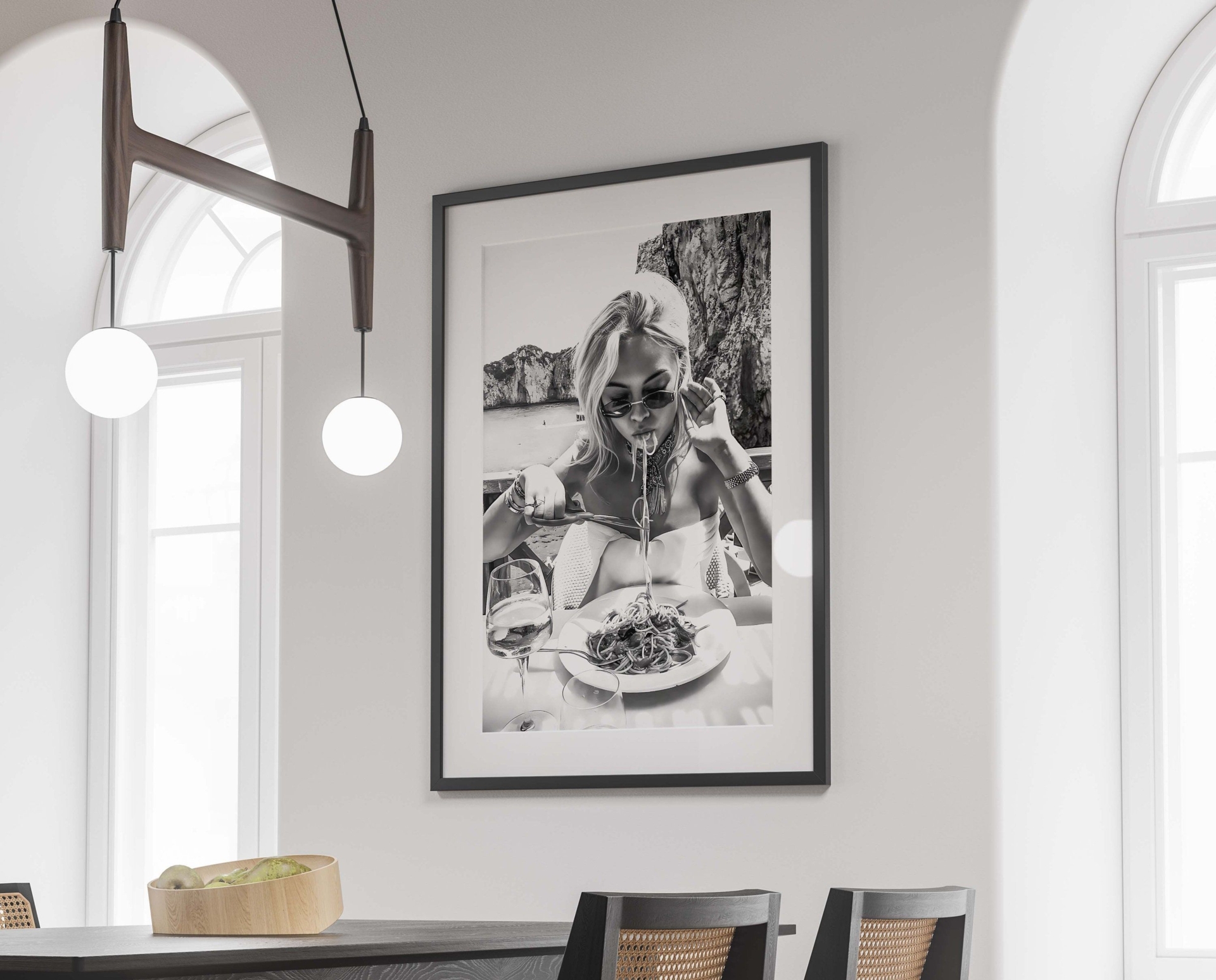 Italian Woman Eating Spaghetti Poster, 1950, Black and White, Pasta Print, Vintage Photo, Kitchen Wall Art, Dining Room Decor, Pasta Poster