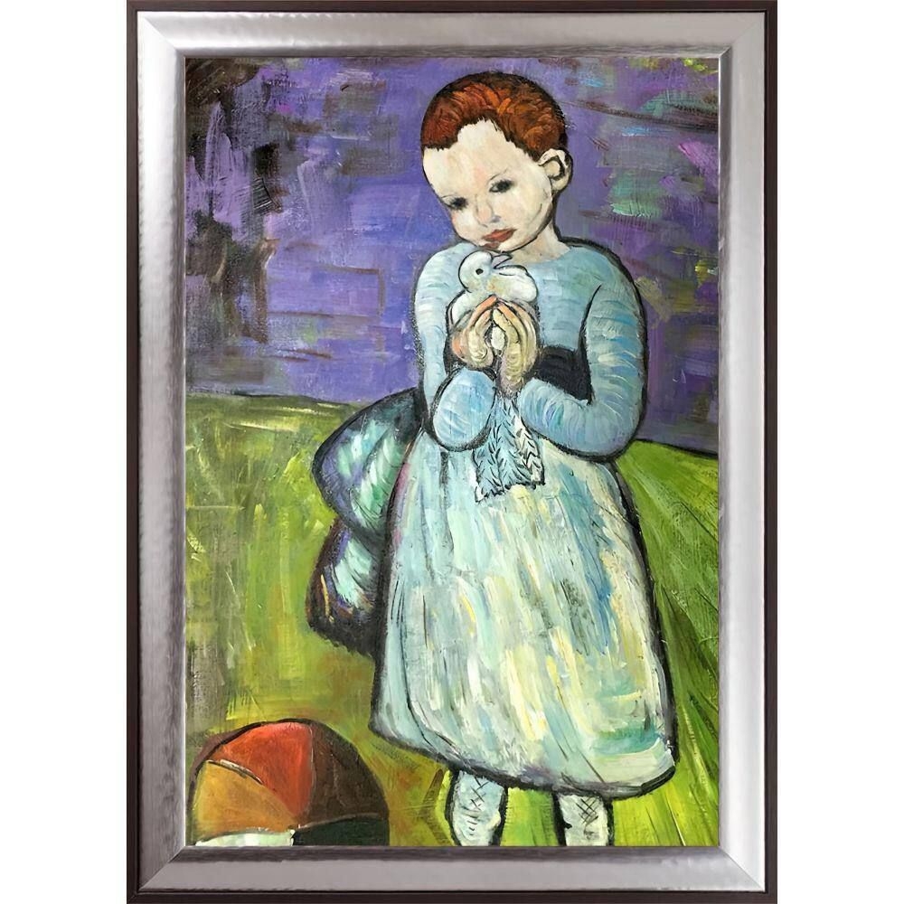 LA PASTICHE Child Holding a Dove by Pablo Picasso Magnesium Framed People Oil Painting Art Print 29.25 in. x 41.25 in., Silver