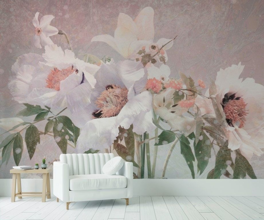 Large White and Cream Flowers on Vintage Style Background Wallpaper Peel and Stick Wall Mural Wall Decoration Design Removable