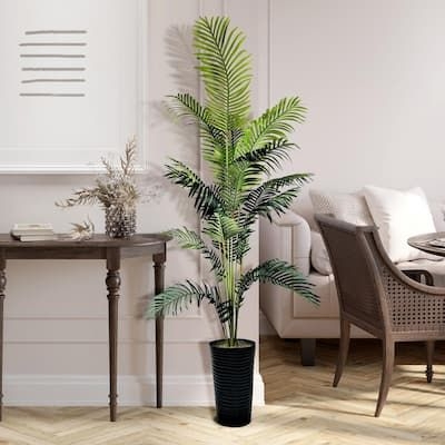 LCG SALES 6 ft. Palm in Deco Ribbed Metal Planter