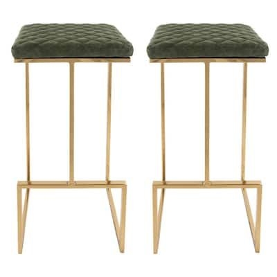 Leisuremod Quincy 29" Quilted Stitched Leather Gold Metal Bar Stool With Footrest Set of 2 in Olive Green