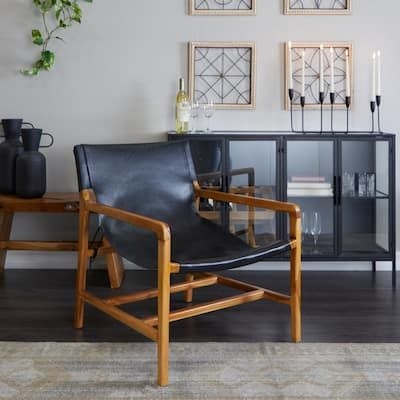 Litton Lane Black Leather Accent Chair with Armrests