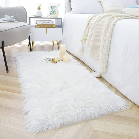 Lochas Ultra Soft Fluffy Rugs Faux Fur Sheepskin Area Rug for Bedroom Bedside Living Room Carpet Nursery Washable Floor Mat,2'x4',White, Size:2' x 4'
