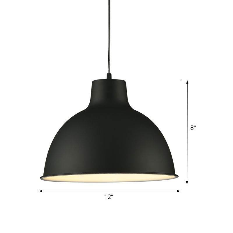 Loft Style Dome Ceiling Light 12/14 Dia 1 Light Metal Hanging Lamp with Adjustable Cord in Black/White - Black / 12
