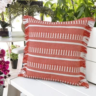 LR Home Dash Striped Adobe Orange/White 20 in. x 20 in. Indoor Outdoor Throw Pillow with Fringe, Adobe Orange / White