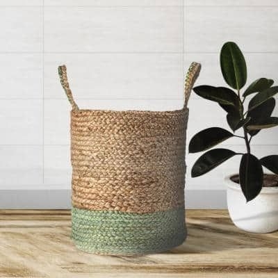 LR Home Wise Braided Natural Jute Green Decorative Basket with Handles, Natural / Green