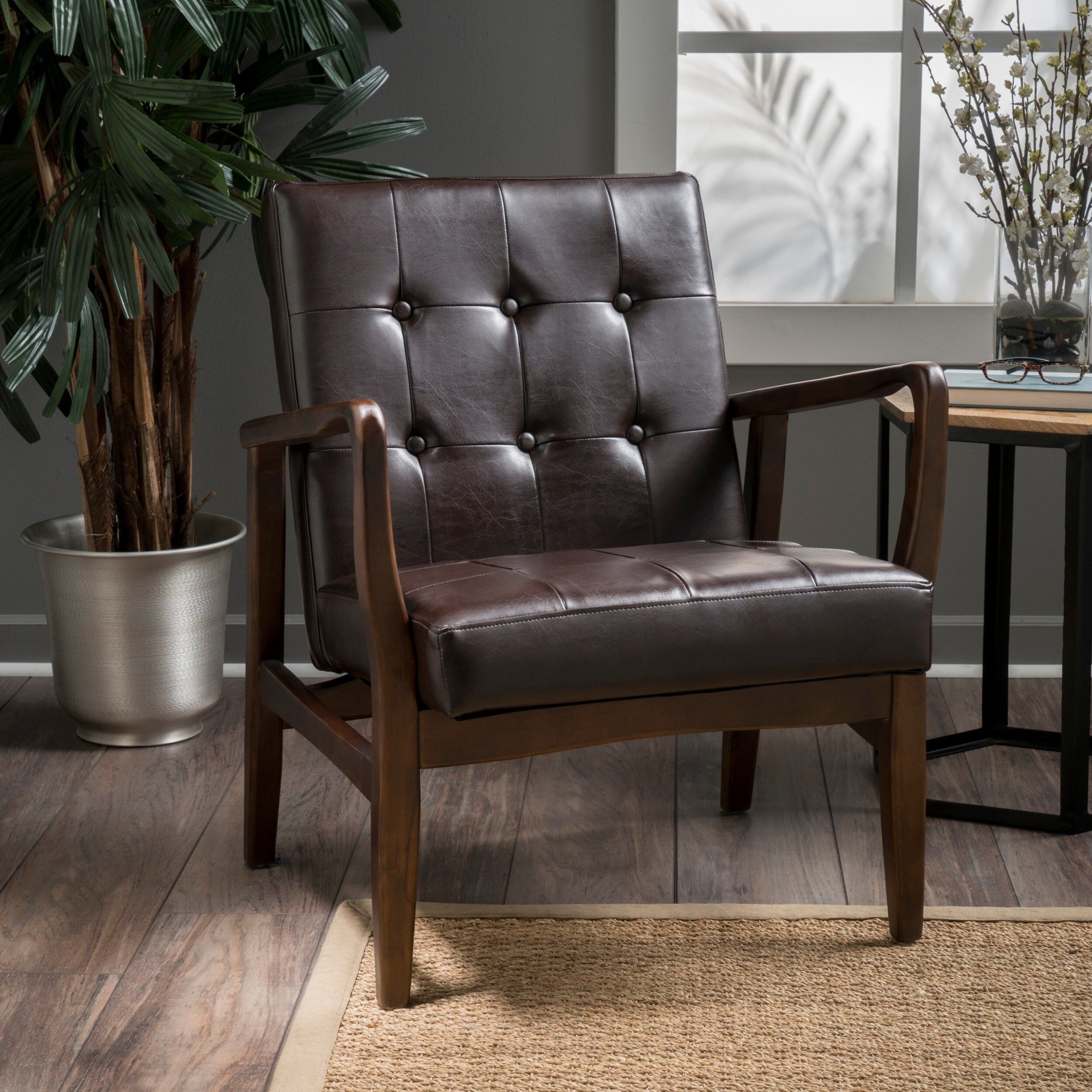 Marcola Mid Century Modern Faux Leather Club Chair with Wood Frame by Christopher Knight Home