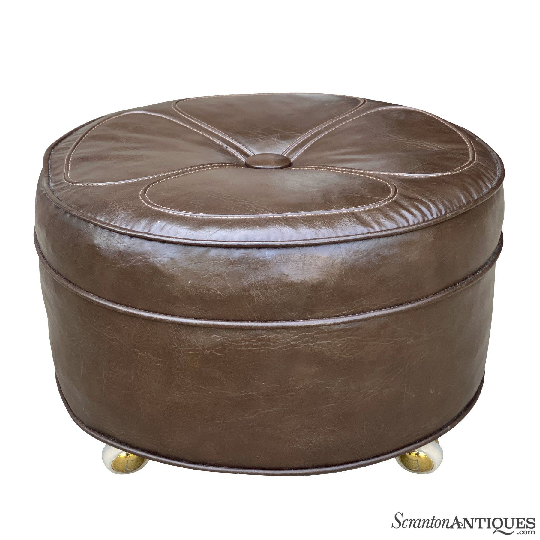 Mid-Century Brown Vinyl Round Ottoman Hassock