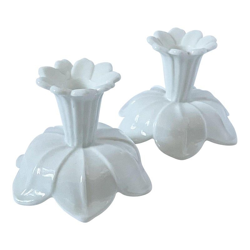 Mid-Century Milk Glass Candle Stick Holders in the Shape of a Flower - a Pair